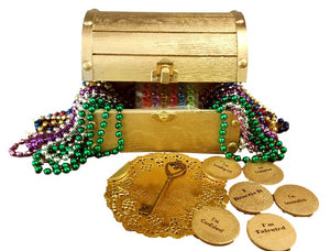 Treasure Chest Box, Wooden, Decorative Gold Metallic with Coins & Key Motivational, Inspirational